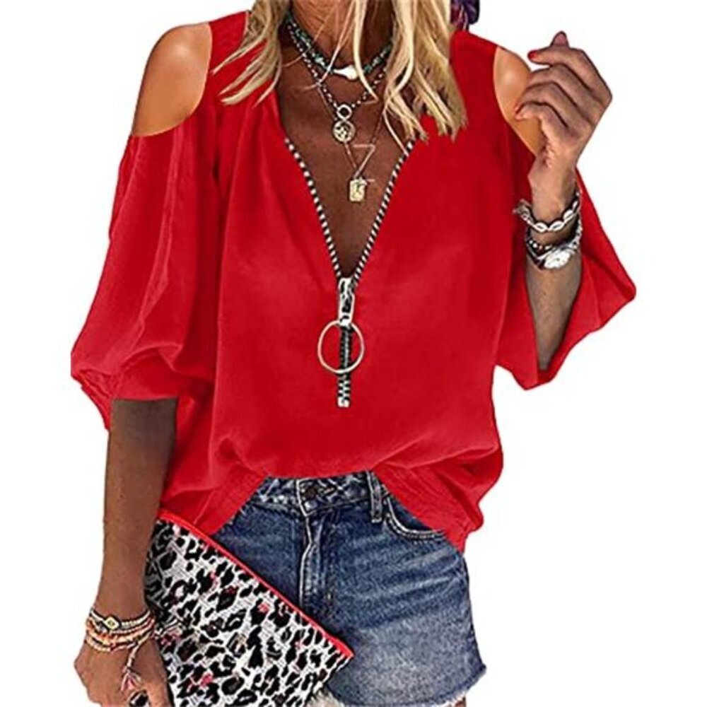 V Neck Lantern Sleeve Blouse Zipper Front Loose Casual Women Top Shirt Red